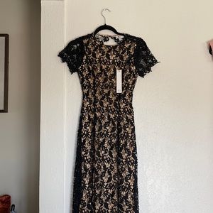 NSR Mia Short Cap Sleeve Crochet Lace Open Back Midi Dress